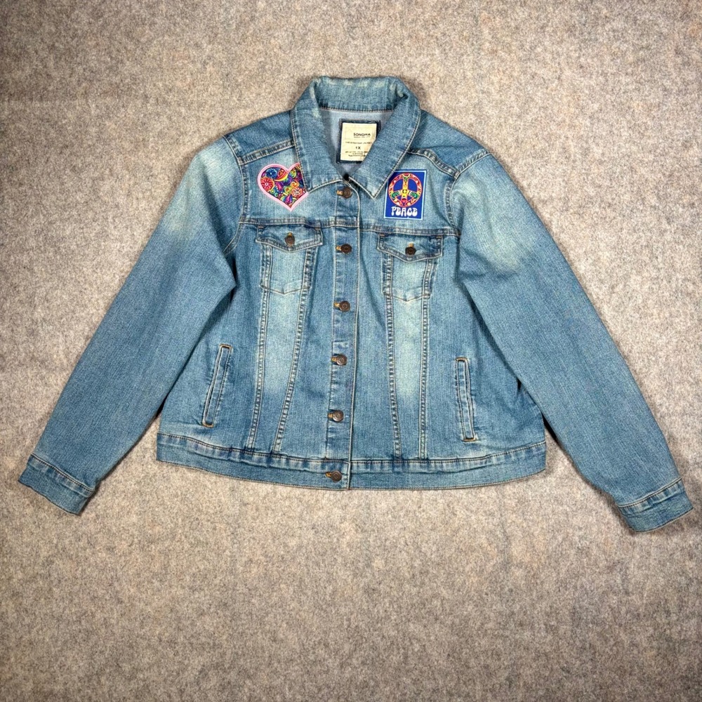 Sonoma Denim Jacket Womens 1X Blue Everyday Stretch Trucker Peace Heart Patch